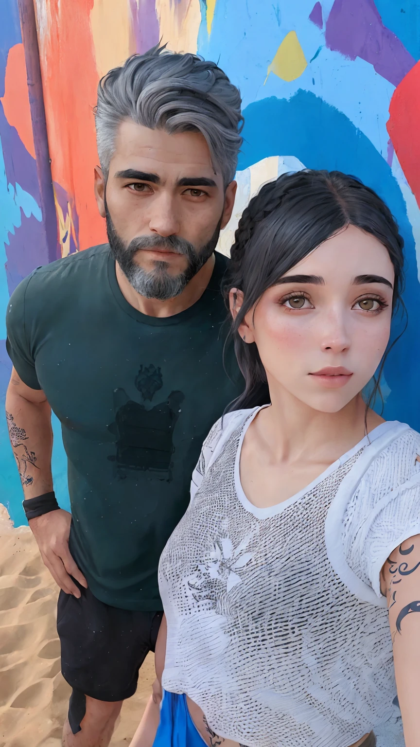 There's a man with a beard and gray hair, with strong tattoo all over her arm and a fair-skinned woman, com nenhuma tatuagem, com olhos na cor marrom amarelados e batom vermelho, ambos vestindo roupas de academia, um ao lado do outro, Standing on the sand, de frente a um muro todo pintado com uma arte abstrata colorida. Both in good physical shape.