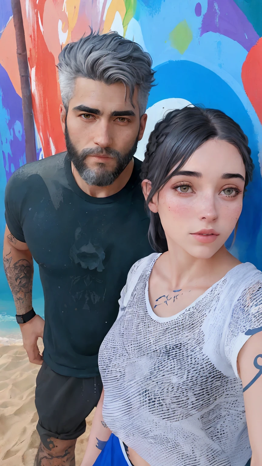There's a man with a beard and gray hair, with strong tattoo all over her arm and a fair-skinned woman, com nenhuma tatuagem, com olhos na cor marrom amarelados e batom vermelho, ambos vestindo roupas de academia, um ao lado do outro, Standing on the sand, de frente a um muro todo pintado com uma arte abstrata colorida. Both in good physical shape.