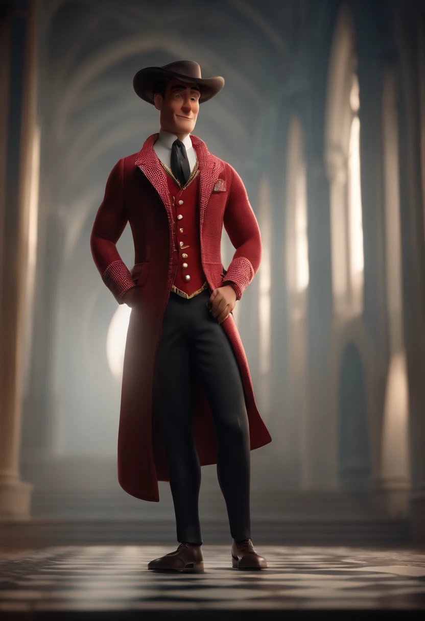Personagem de desenho animado de um homem usando uma camisa branca, with a black and red checkered coat buttoned only at the neck and a straight-brimmed cap worn backwards, cabelo loiro curto, sombrancelha preta e olhos castanhos, um personagem animado, Caractere estilizado, animation style rendering, 3D estilizado, Arnold Maya render, 3 d render stylized, toon render keyshot, Personagem 3D, Personagem 3D, 3d rendering stylized, 3 d character render, personagem de desenho animado, Personagem de close up, Pose de personagem, (Estilo Pixar) (master part:1.2) (Bokeh) (best quality) (pele detalhada) (textura detalhada) (8k) (argila) (Cinematic lighting) (foco nítido，Senta e vaza a parte superior do corpo