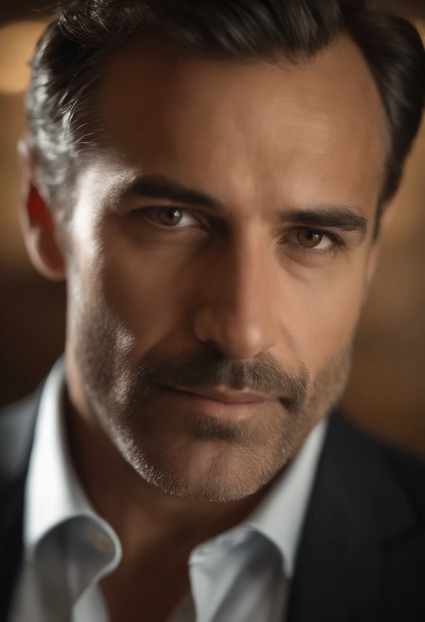Realistic image of middle-aged business professional, 110 libras de peso, profissionalmente vestido com terno e gravata, alta qualidade, highest resolution, looking straight at the camera, profissional, belos olhos detalhados ligeiramente acastanhados, beautiful detailed lips, barba curta, cabelos grisalhos curtos, kind expression, sorriso quente, olhar diferenciado, Adequate lighting, fundo liso, sem efeito retrato.