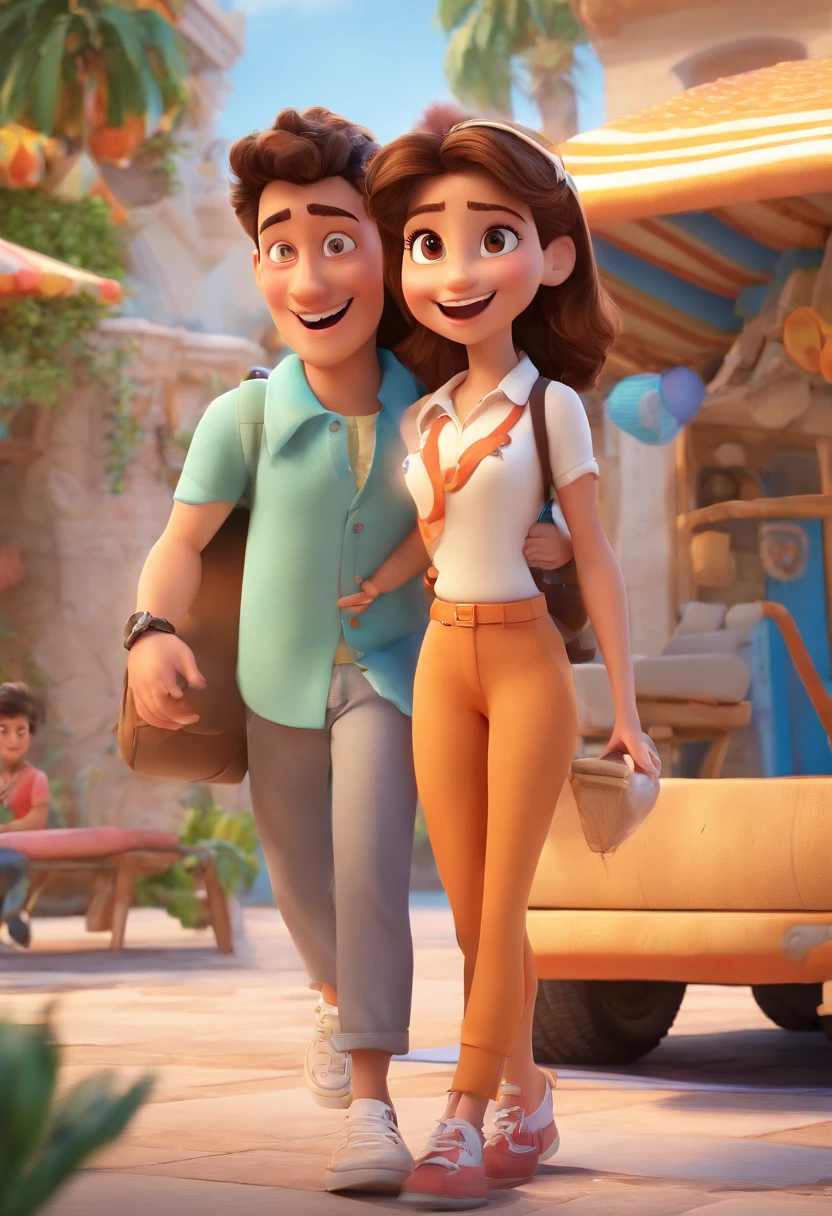 Cartoon of friends having fun on vacation together,  3D Animation Movie Poster, Poster de filme animado, pixar 3 d animation style, pixar renderman rendering, maia 8 mil, animated film, Disney Pixar Estilo 3D, amigos felizes saem juntos, all wearing light blue shirts and cream brown long pants, camisa azul clara, cream brown pants, ao ar livre, vacation, Disney Pixar Animation Poster