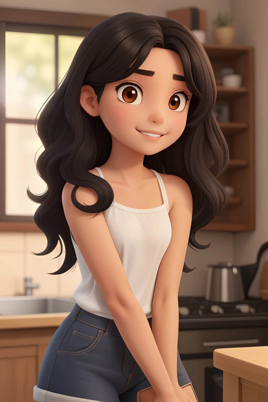An teenage girl, with shoulder-length wavy black hair, tan skin, round face, charming smile, and brown eyes.