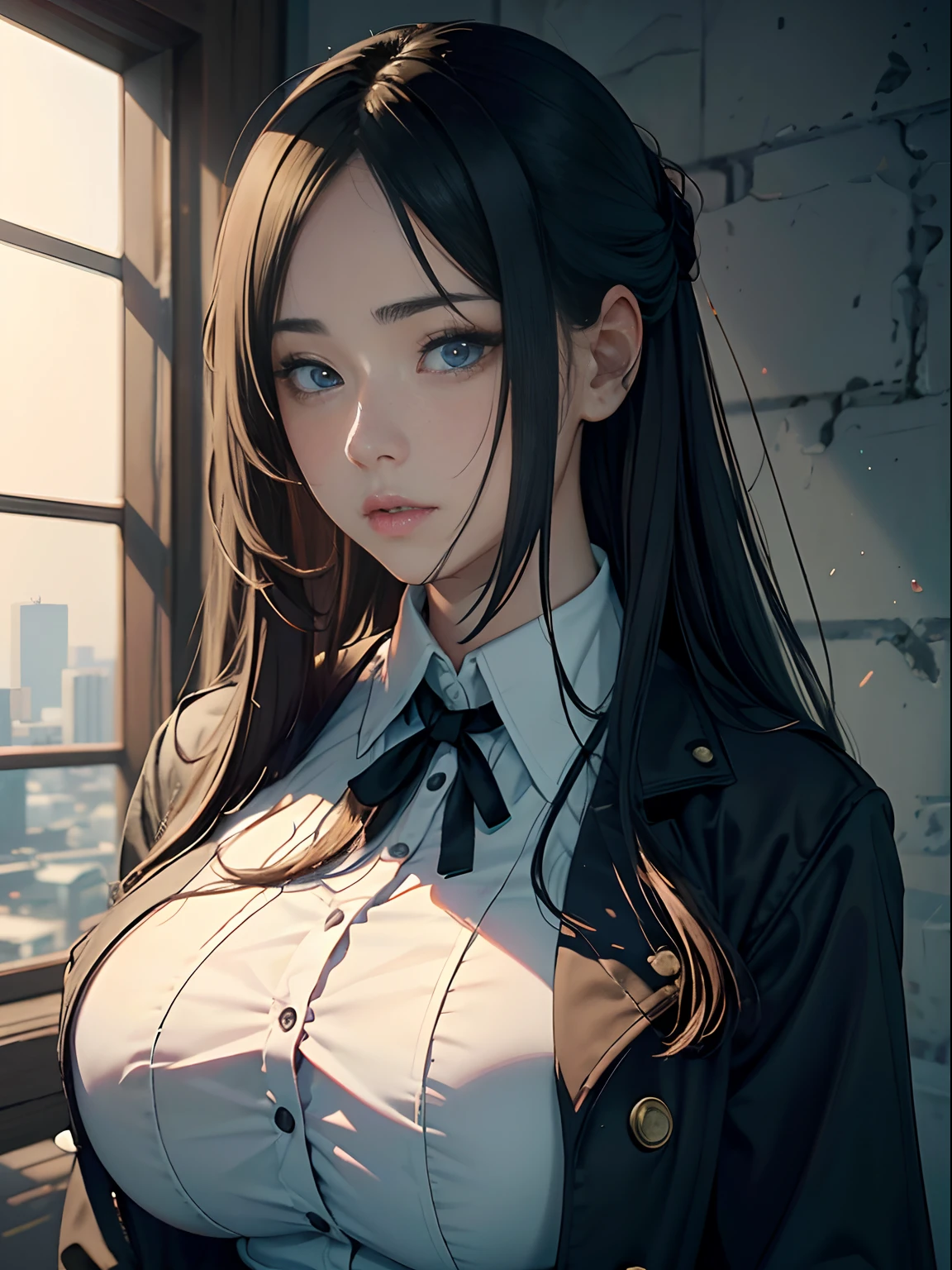 A teenage girl、(masterpiece:1.4)、(in 8K、realisitic、Raw photo、top-quality:1.4)、(Real Face:1.4)、(real looking skin:1.3)、超A high resolution、A hyper-realistic、Eyes in Beautiful Details、Black center part、White collared shirt、(huge-breasted:1.5)、gargantilha、Blushing、alluring face、Stand against the wall
