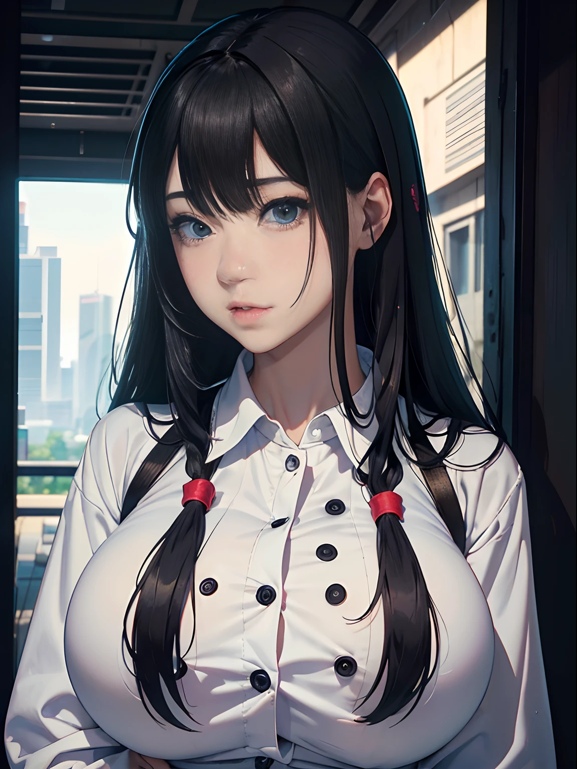 A teenage girl、(masterpiece:1.4)、(in 8K、realisitic、Raw photo、top-quality:1.4)、(Real Face:1.4)、(real looking skin:1.3)、超A high resolution、A hyper-realistic、Eyes in Beautiful Details、Black center part、White collared shirt、(huge-breasted:1.5)、gargantilha、Blushing、alluring face、Stand against the wall