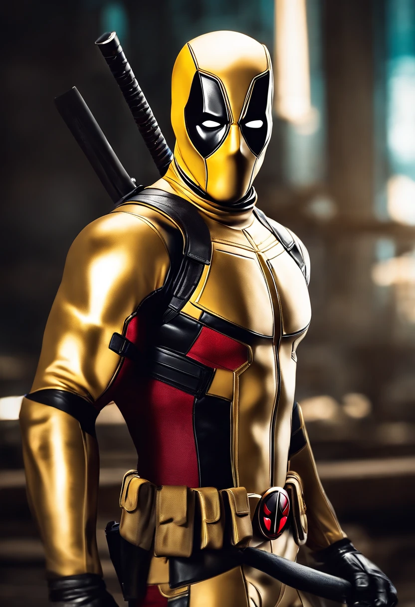 A deadpool, shiny gold white armor, realistic white location background, gold armor details, white suit itself