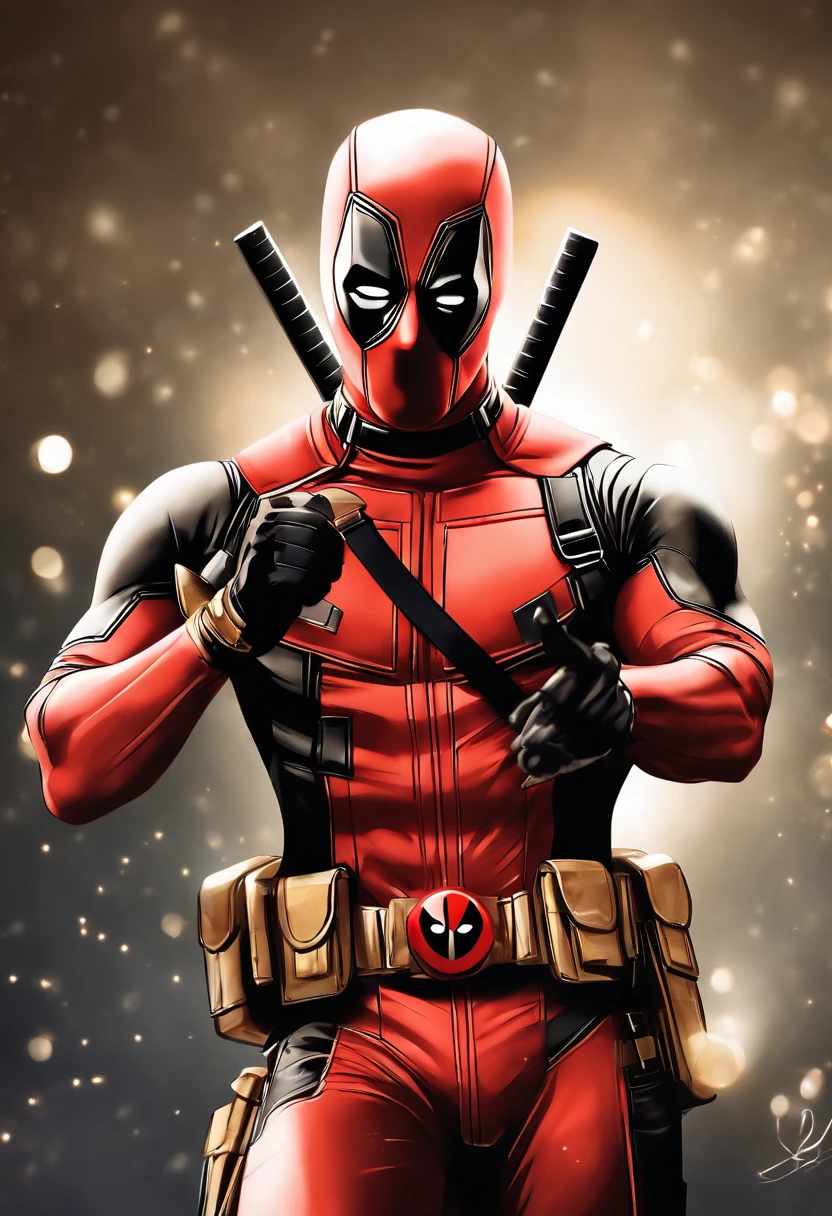 (8k, RAW photo, best quality, masterpiece: 1.2), ultra-detailed, formal art, photorealism: 1.37, upper body shot, Deadpool from Marvel, film grain, action pose