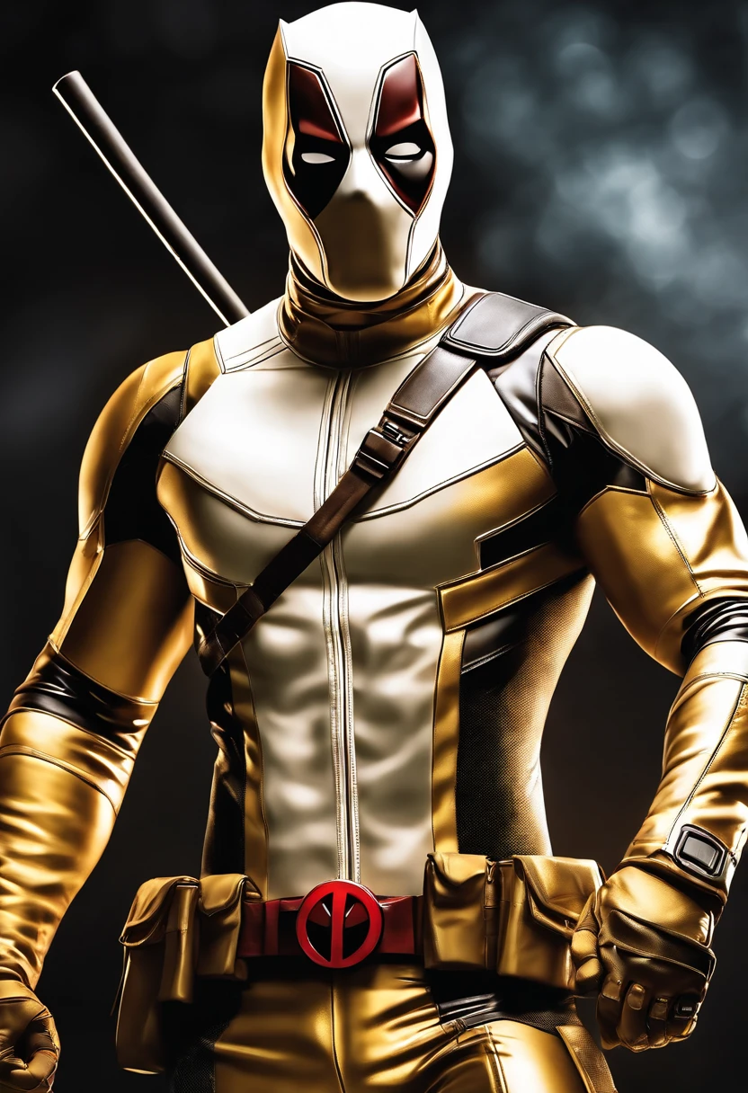 Superhero Deadpool, shiny white and gold shiny clothes,Superhero Deadpool, shiny white and shiny golden clothes, white mask, golden color combination