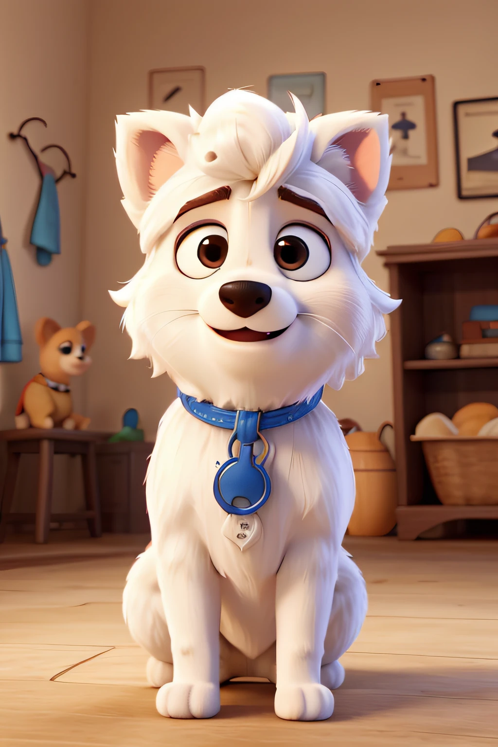 Pixarstyle: homem branco pomerano masculino, Olho Castanho, muito peludo, Too much hair on the neck, sem colar