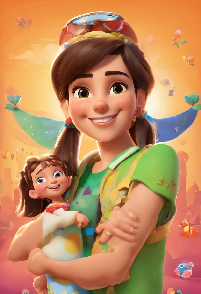 Cartoon of a white-skinned girl named Laís, branca, de cabelos castanho escuro e cacheado comprido abaixo do ombro, having fun on vacation together with daddy Jaime, moreno, alto, olhos pretos, sorridente e de terno Cinza, e cabelos grisalhos, and his other daughter Lavinia, pequena, smaller than Laís, morena igual ao pai, shorter shoulder-length hair, cacheado e crespo, bem enrolado, sorridente e olhos com brilhos e covinhas na bochecha, and with us is his wife Daniela, com uns 15 centimentros menor que o pai Jaime de 1,86 cm, and Laís also in her mother Daniela's altuma, and Daniela has white skin like Laís, sorridente, um pouco corpuda, seios grandes, cabelo liso preto e ondulados, Right ahead of him was a boxer dog, marrom e branco, 3D Animation Movie Poster, Poster de filme animado, pixar 3 d animation style, pixar renderman rendering, maia 8 mil, animated film, Disney Pixar Estilo 3D, amigos felizes saem juntos, as 3 mulheres de vestidos rosa comprido e com cinto bem delicado na cintura, ao ar livre, vacation, Disney Pixar Animation Poster