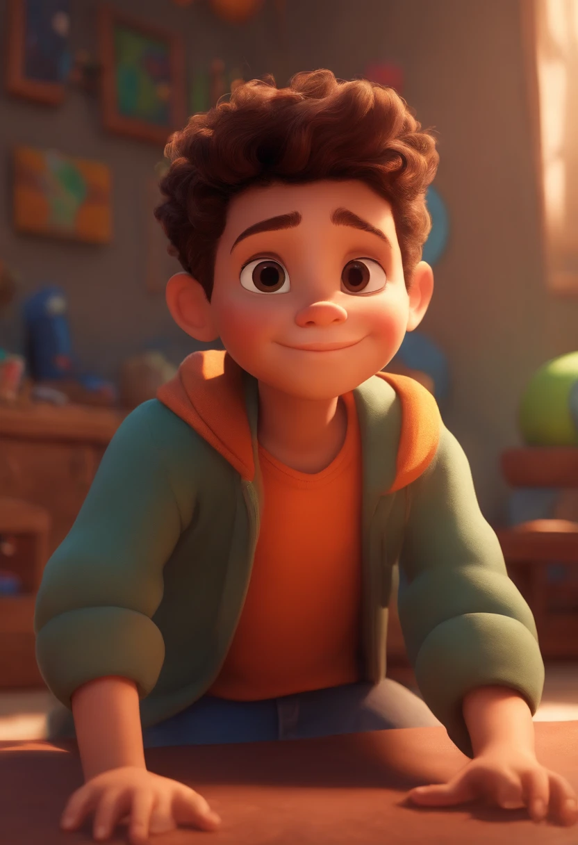 Image of a boy for a story in a YouTube video in Pixar format, He's the little allabester, He's the class leader, He's outgoing, Playful and gets up for a lot of things, cabelo curto