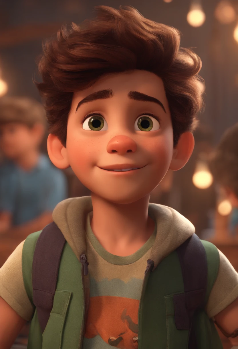 Image of a boy for a story in a YouTube video in Pixar format, He's the allabester, He's the class leader, He's outgoing, Playful and gets up for a lot of things, cabelo curto