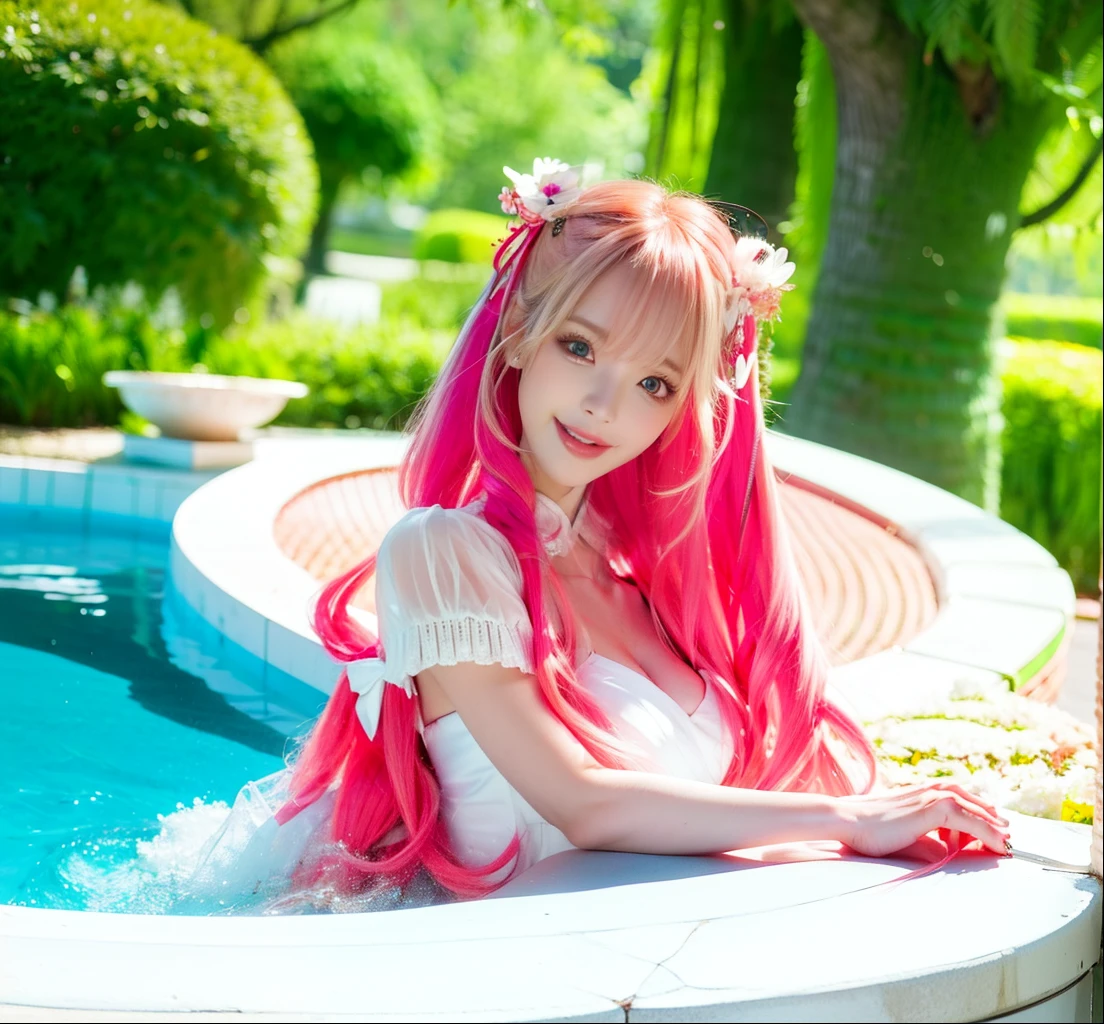 Transparent hair、hime-cut、Golden Eyes、eye glasses、ssmile、early teenage girls、flat chest、Thin pubic hair、Beautiful open legs、bath towels、flower field