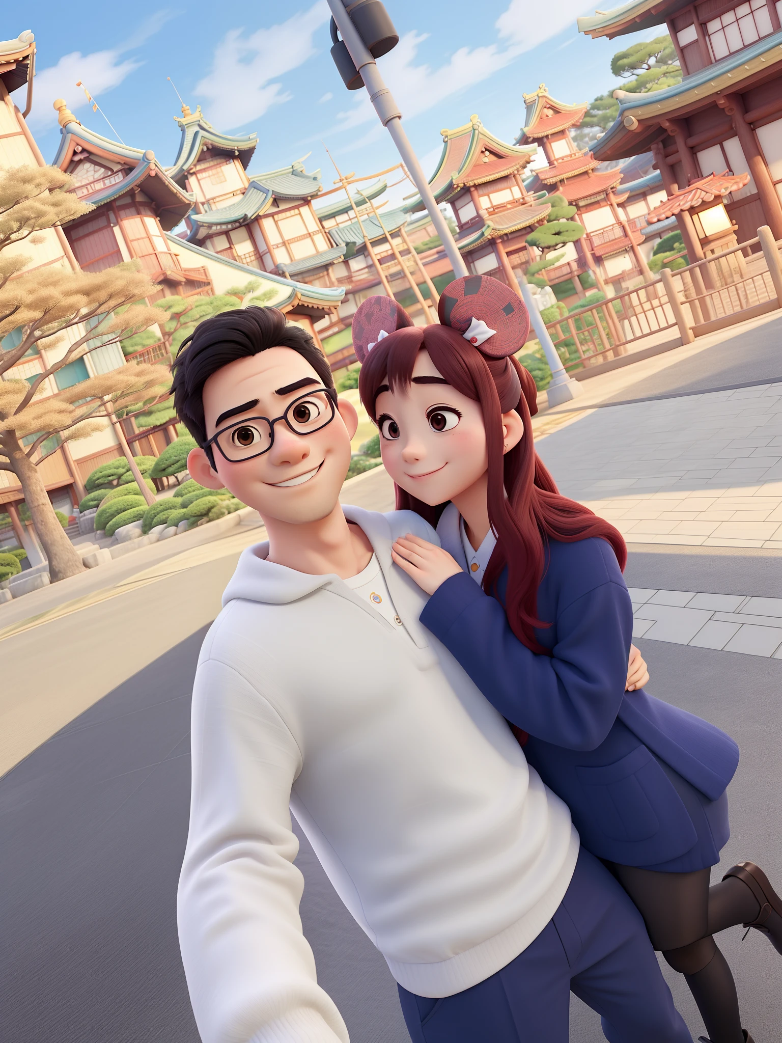 Um casal de japoneses de olhos puxados asiaticos na disney