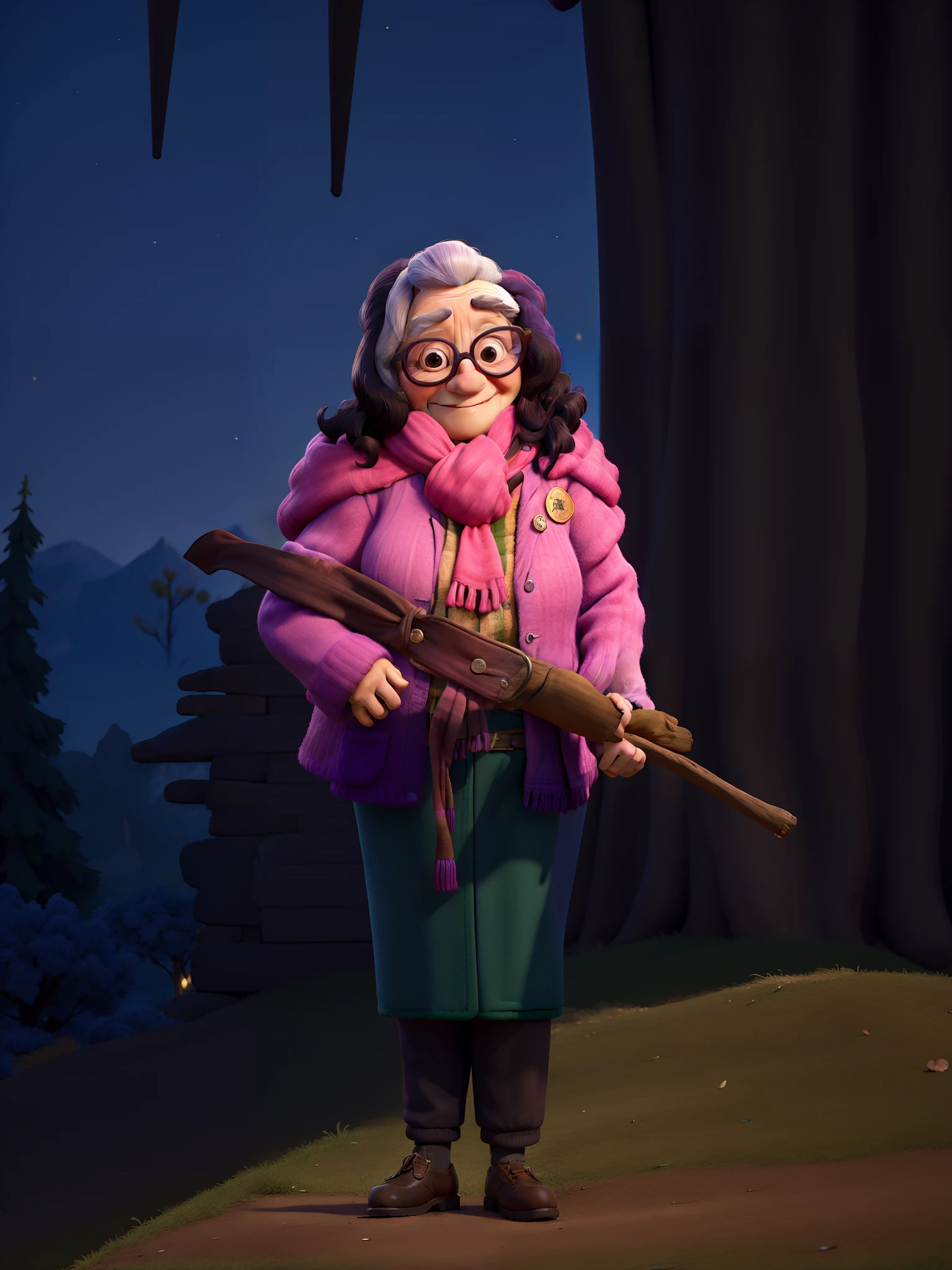 masterpiece, best quality, an old woman with glasses and a scarf on, wearing a purple coat and green scarf, standing at the park