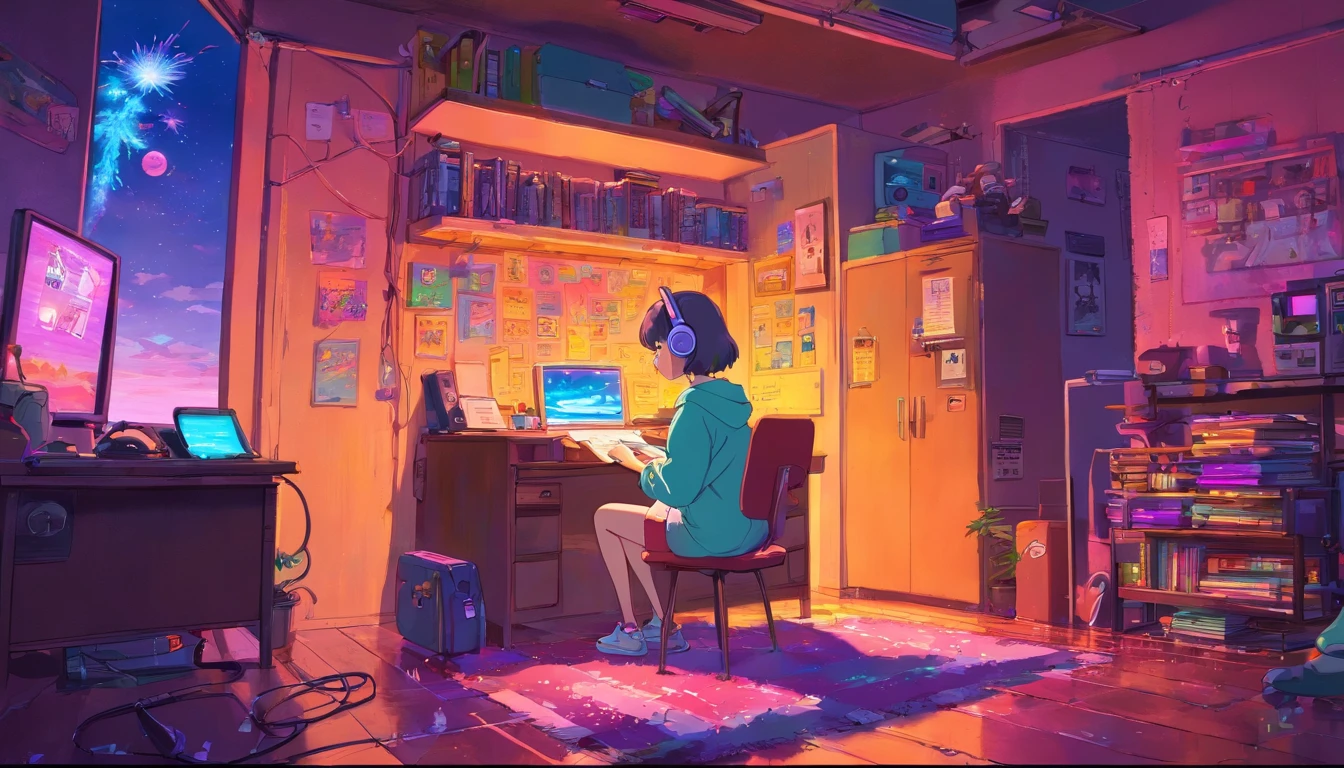 (zero), Girl studying in her room, reading a book, Wear headphones, , night lights, Neon landscape on a rainy day, nuclear explosion, Analog Color Theme, Lo-Fi Hip Hop , retrospective, flat, 2.5D ,Draw a line, Ink Drawing, Large slope, Watercolor painting, Goosch Colors, Studio Ghibli Style, Awesome colorful, Outer Ton, Synthwave, lofi art,90s style,Old texture, amplitude,90s vibe, masutepiece, Tremendous technology, 16:9 scale