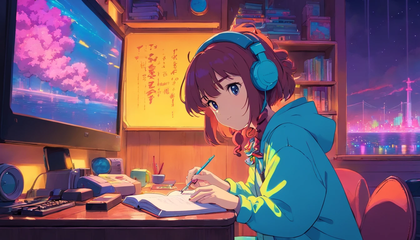 (zero), Girl studying in her room, reading a book, Wear headphones, , night lights, Neon landscape on a rainy day, nuclear explosion, Analog Color Theme, Lo-Fi Hip Hop , retrospective, flat, 2.5D ,Draw a line, Ink Drawing, Large slope, Watercolor painting, Goosch Colors, Studio Ghibli Style, Awesome colorful, Outer Ton, Synthwave, lofi art,90s style,Old texture, amplitude,90s vibe, masutepiece, Tremendous technology, 16:9 scale