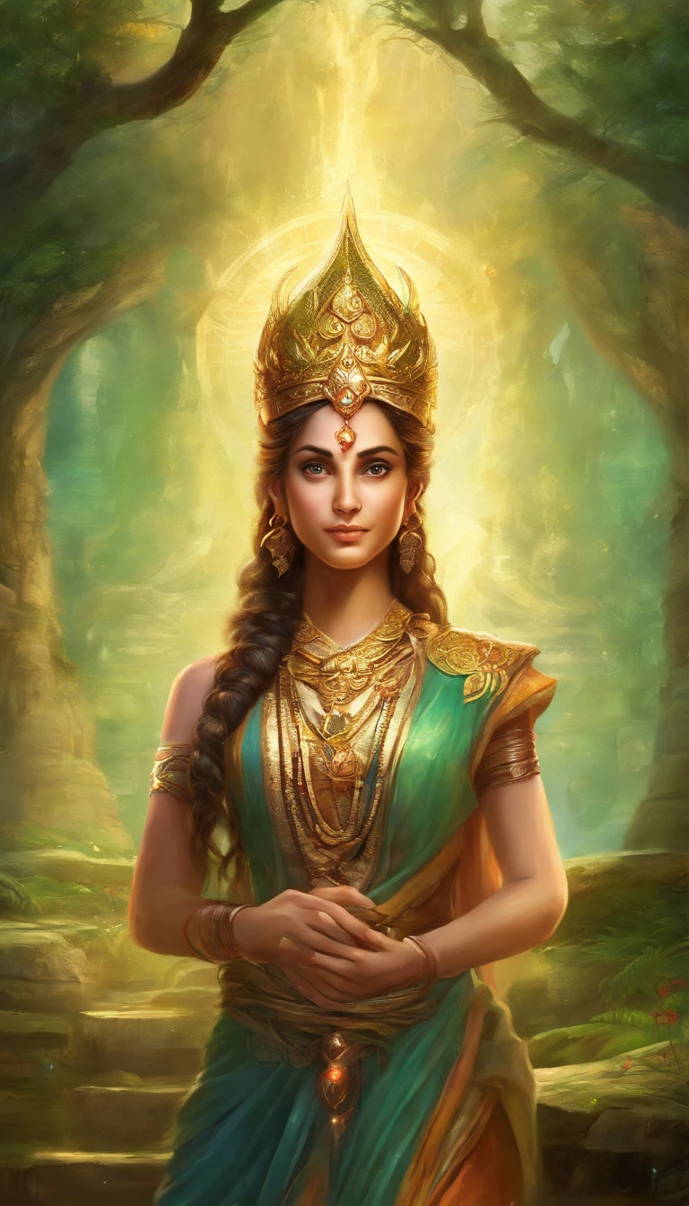 Huge, realistic depiction of Adi Shankara, with a beautiful girl, Blends seamlessly with nature, surrealism, Highly detailed, Photorealistic:1.37, 3D Rendering, Cinematic lighting, Divine light, Very high definition, Craftsmanship:1.2, Textured skin, Top quality , high resolution