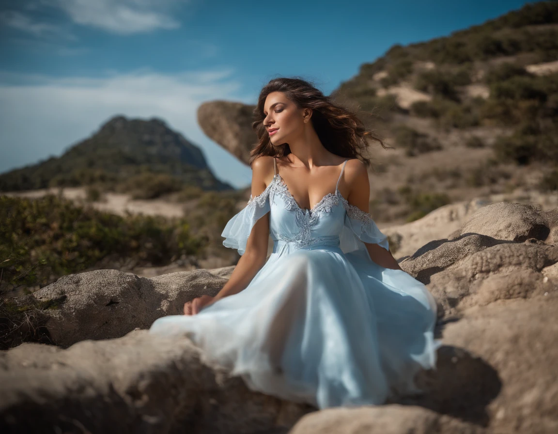 natação1, Prototype of the destination, Wapokichi, bareshoulders, blue skies, Blurry, blurry background, clivagem, dia, profundidade de campo, cabelos grisalhos, cabelo entre os olhos, Hair Intake, Hand up, medium breasts, umbigo, ao ar livre, heaven
