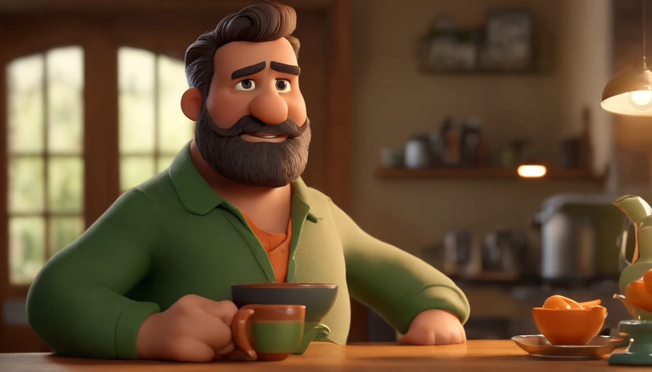 personagem dos desenhos animados de um homem branco, de cabelos preto, barba, com uma camisa cinza , With chubby physique in front of his orange and green coffee maker, do lado a sua esposa, mulher alta, cabelos Pretos, magra , com a camisa cinza e avental verde, mW Animation Character, Caractere estilizado, animation style rendering, 3D estilizado, Arnold Maya render, 3 d render stylized, toon render keyshot, Personagem 3D, Personagem 3D, 3d rendering stylized, 3 d character render, personagem de desenho animado, Personagem de close up, Pose de personagem, (Estilo Pixar) (master part:1.2) (Bokeh) (best quality) (pele detalhada) (textura detalhada) (8k) (argila) (Cinematic lighting) (foco nítido