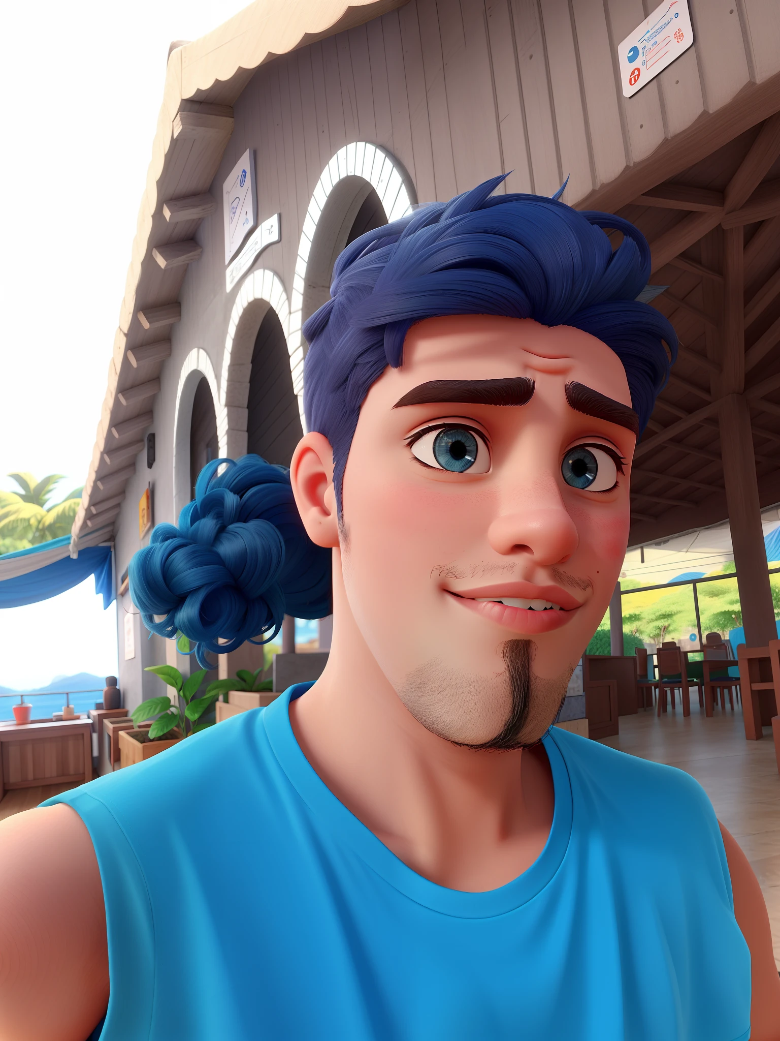 Um rapaz magro, 28 anos, camiseta azul, cabelo cacheado preto, fleshy lip, tapiocaria como plano de fundo.
