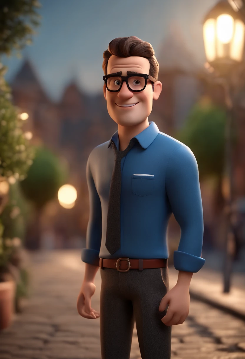 Cartoon character of a man wearing black glasses and a blue shirt, um personagem animado, Caractere estilizado, animation style rendering, 3D estilizado, Arnold Maya render, 3 d render stylized, toon render keyshot, Personagem 3D, Personagem 3D, 3d rendering stylized, 3 d character render, personagem de desenho animado, Personagem de close up, Pose de personagem, (Estilo Pixar) (master part:1.2) (Bokeh) (best quality) (pele detalhada) (textura detalhada) (8k) (argila) (Cinematic lighting) (foco nítido，Senta e vaza a parte superior do corpo