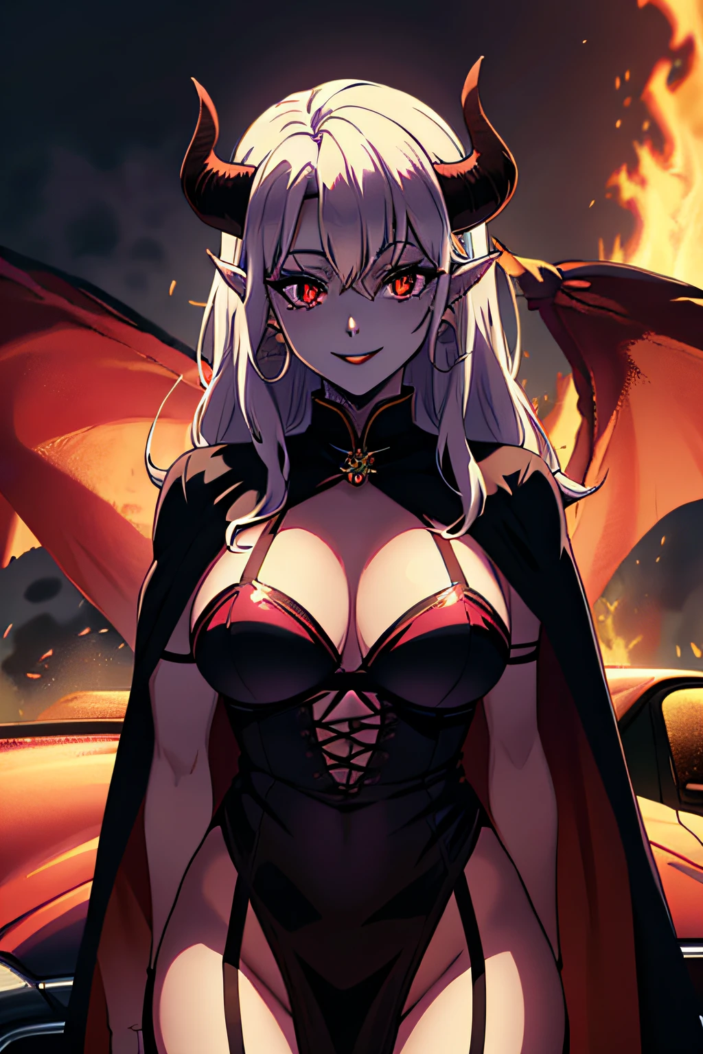 LADY_DEMON, black lips, breasts, cape, car, center opening, colored skin, demon girl, demon tail, demon wings, earrings, fire, garter straps, horns, jewelry, long hair, 1girl, solo, upper body, facing viewer, looking at viewer, smile.