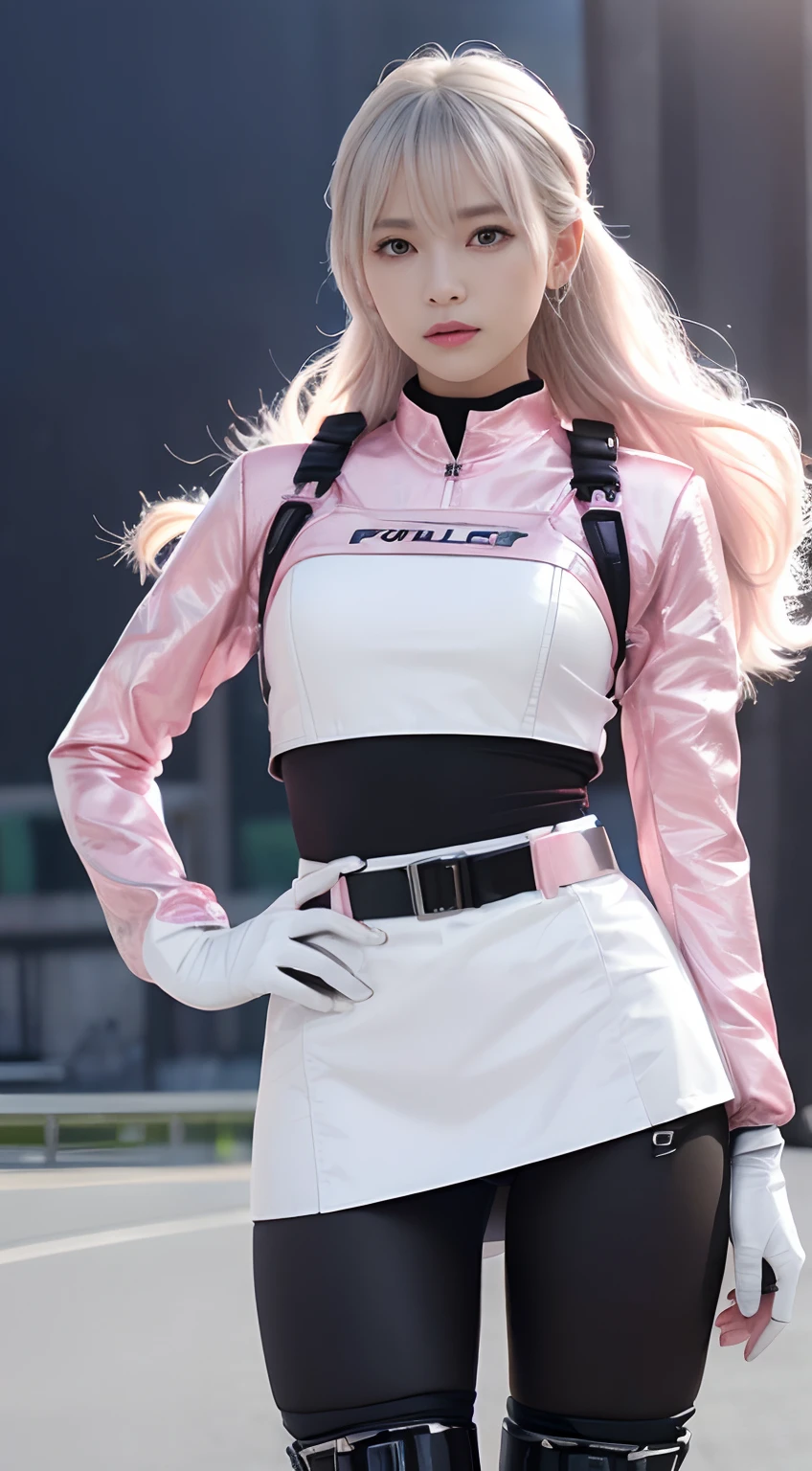 (Top Quality, Ultra High Definition, Photorealistic:1.4), (cowboy shot:1), 1 Beautiful Armed Girl, (Kpop Idol), Detailed Face, (Hair Style: Pink:1, fullbang, shortbob-style:1), Contrapposto, Perfect Anatomy, ((wearing Futuristic Police Racing Suits, low-mini-skirt, police wappen, High-tech Headset, military harness, racing gloves, )), (Cloths colors based on silver pink black white), (background, crashed cars, fire, (Explosion)),