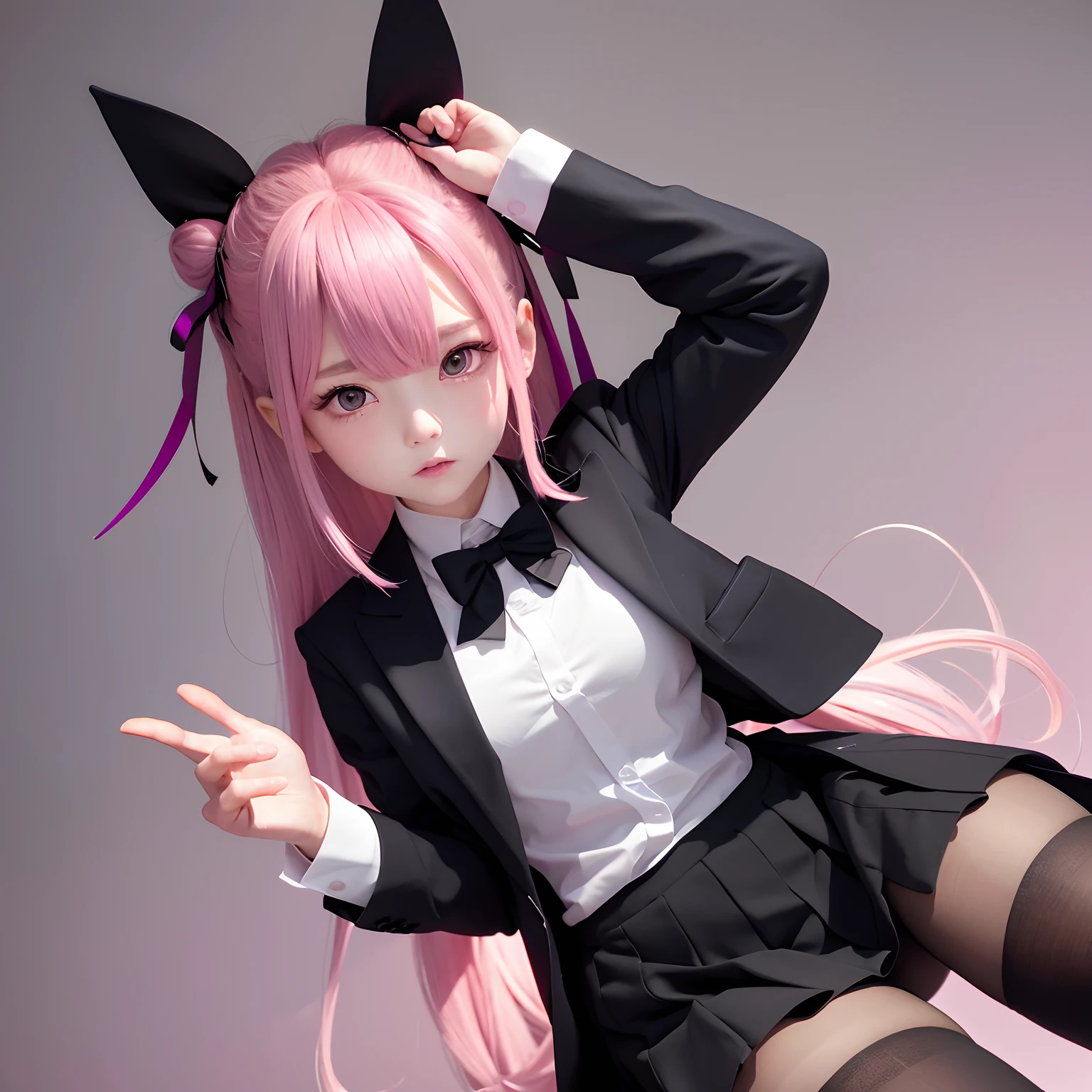 The upper part of the body、1人、Pink hair、Bun hair、Purple Eye、Piece It Piece、Formal Blazer、a short skirt、large full breasts、Medium Breath、bow ribbon、He is wearing black knee-length tights、Urban background、 Japan anime-style odd-eye,