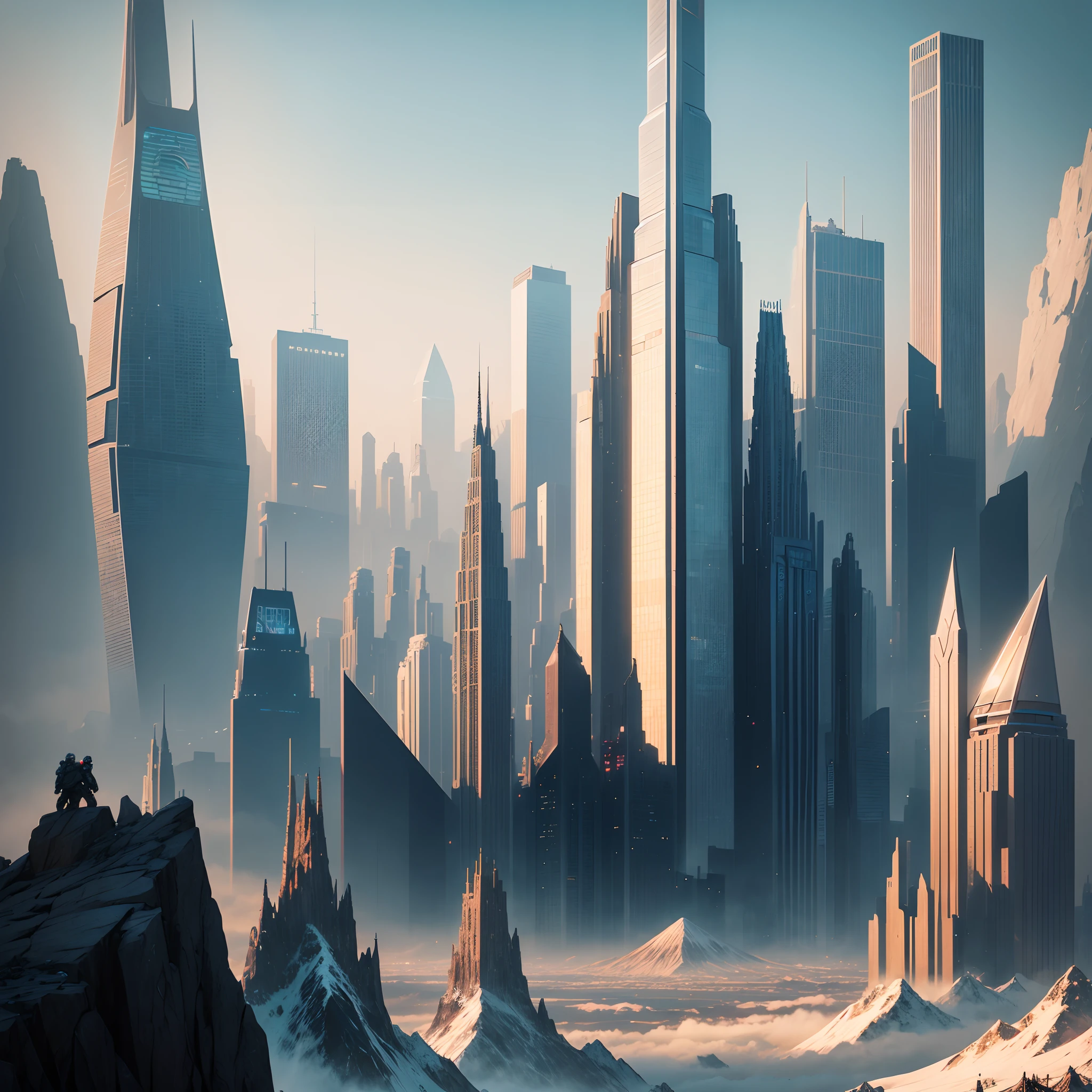 Huge mountain，Skyscrapers，​masterpiece，cyberpunked，50 times the height of the building，超A high resolution，planet earth，Best Quality，The skyline of the future，epcot，A building far beyond the imagination of mankind，ＳＦart by，Megacities