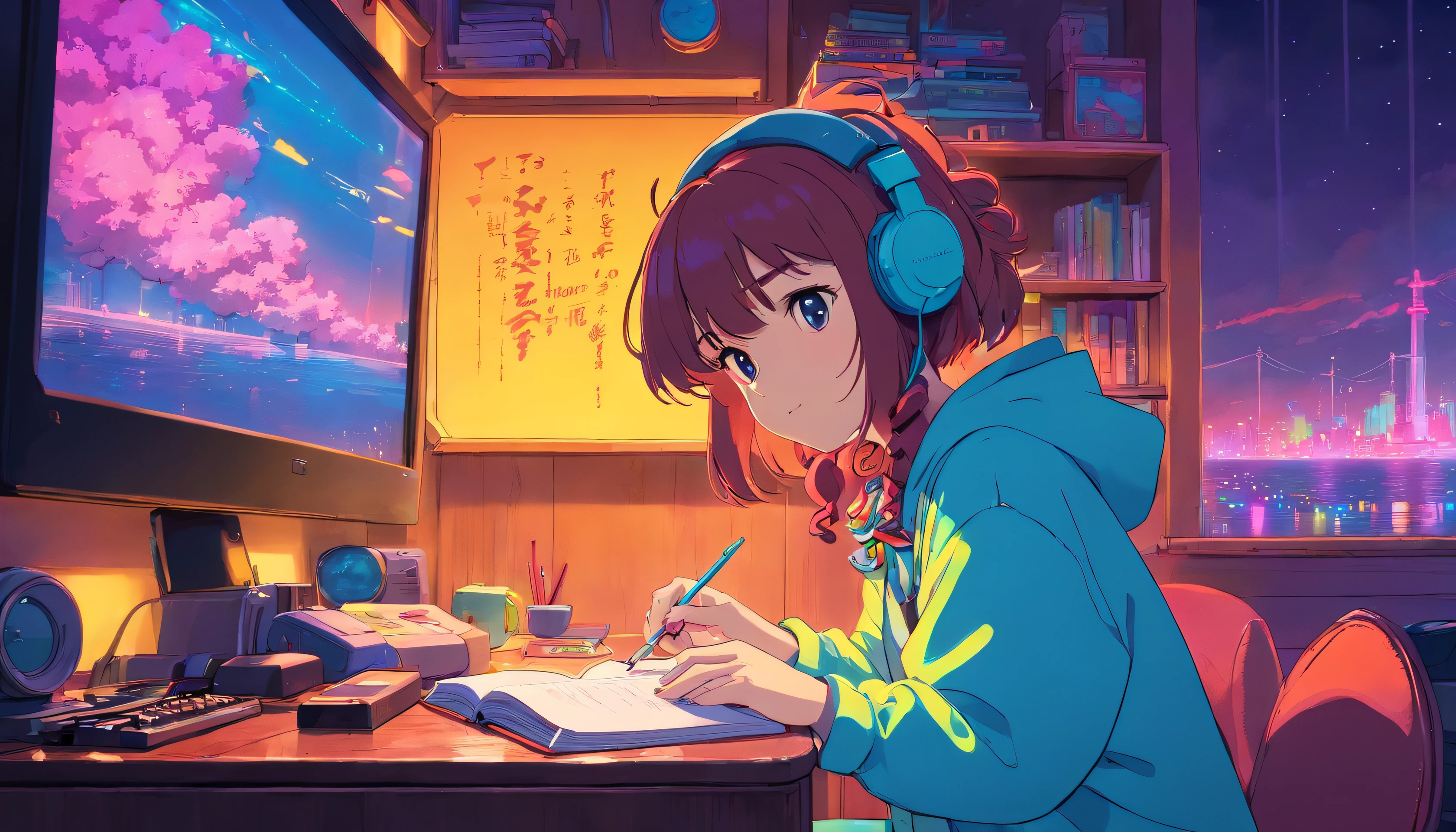 (zero), Girl studying in her room, reading a book, Wear headphones, , night lights, Neon landscape on a rainy day, nuclear explosion, Analog Color Theme, Lo-Fi Hip Hop , retrospective, flat, 2.5D ,Draw a line, Ink Drawing, Large slope, Watercolor painting, Goosch Colors, Studio Ghibli Style, Awesome colorful, Outer Ton, Synthwave, lofi art,90s style,Old texture, amplitude,90s vibe, masutepiece, Tremendous technology, 16:9 scale