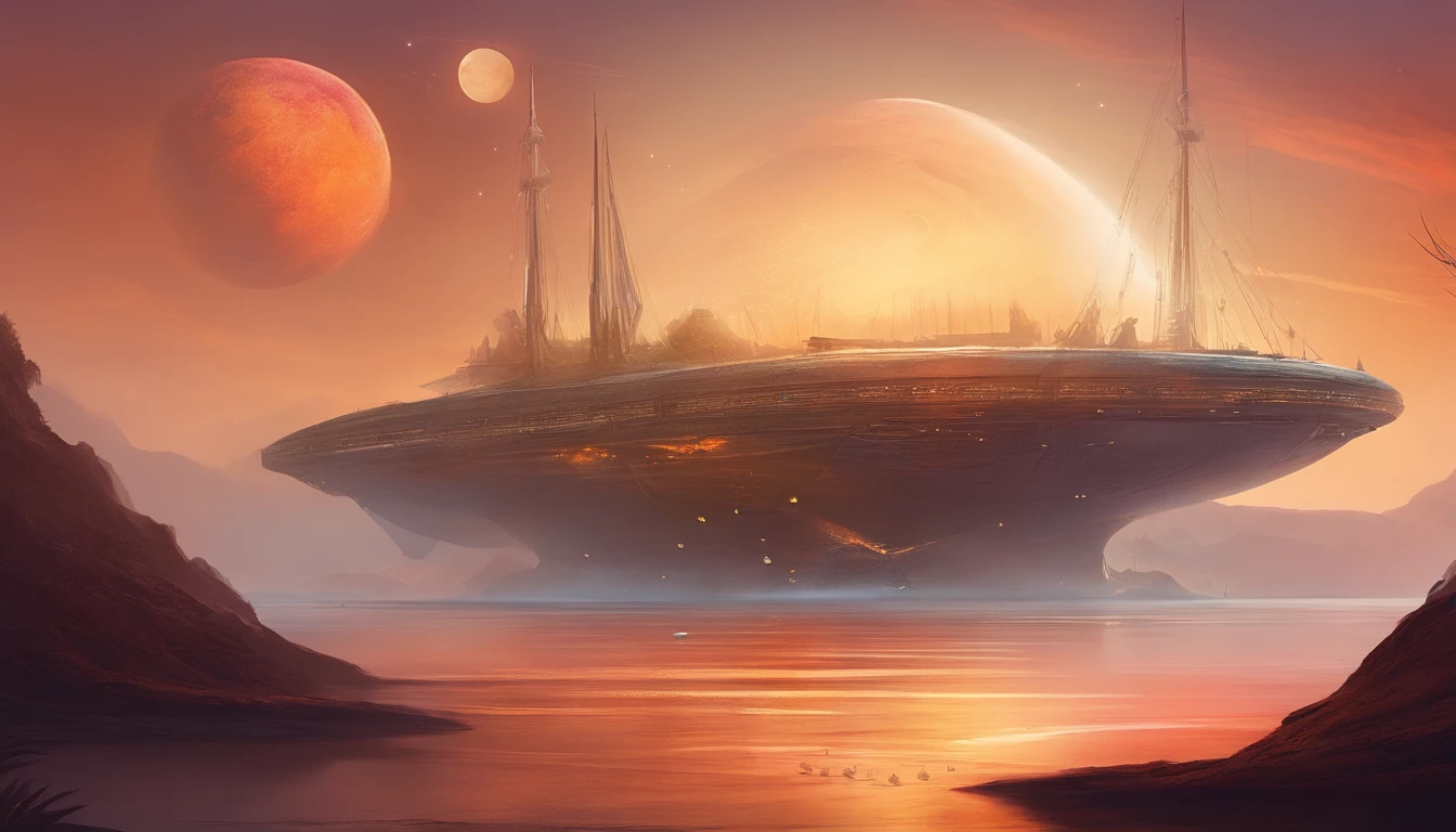 a ship on an ocean on an alien planet, with six moons