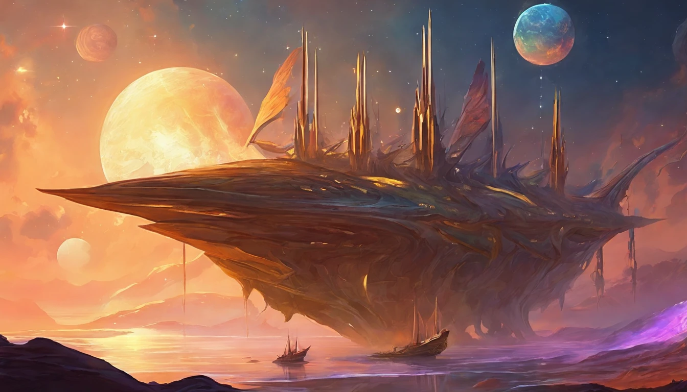 a ship on an ocean on an alien planet, with six moons