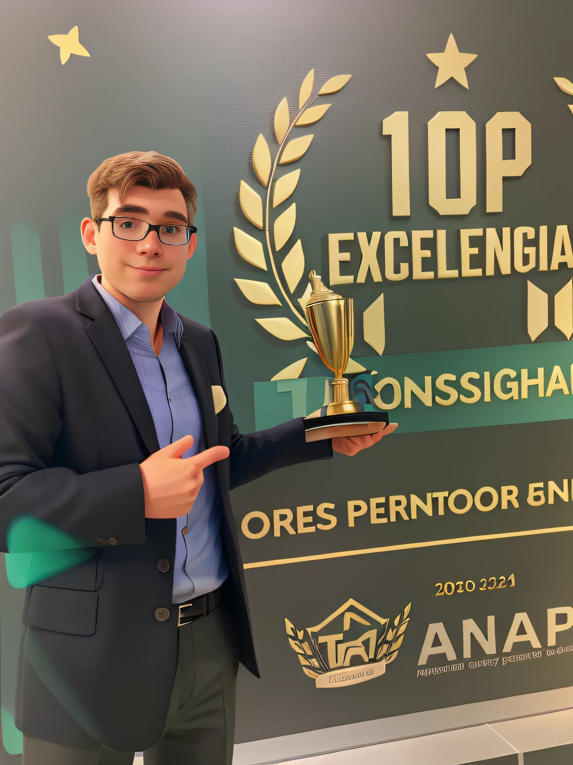 a white man pointing to a trophy received at a TOP EXCELLENCE 2023 award