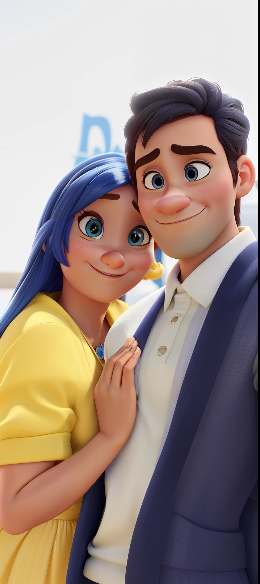 uma e mulher loira com olhos castanhos e um homem com olhos castanhos noestilo disney pixar, alta qualidade, melhor qualidade