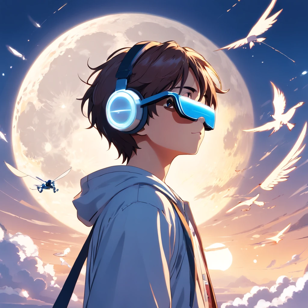 (White background:1.4),(Boy with VR glasses,Control a flying drone,Draw cartoon images in AR,Record beautiful moments with your camera。Oriental elements),(Chinese Illustration:1.3,paper art:1.3, Quilted Paper Art:1.2),( Reasonable design, Clear lines, High Sharpness,Best Quality, Very detailed, masutepiece, Movie Light Effects, 4K ),The background is the moon