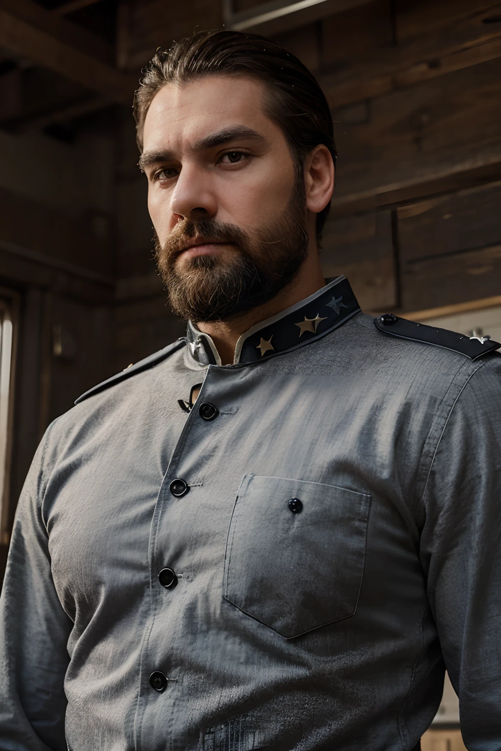 A bearded man, in his late forties, with broad shoulders and a solid build. The man has grey hair with a receding hairline, bushy black eyebrows, and a thick, curly half white beard that reaches down to his neck. clad in a high-collared military uniform adorned with two rows of buttons down the front. His uniform decorated with star badges on each shoulder. With trousers of the same uniform color. A charismatic look with a stern expression on his face.