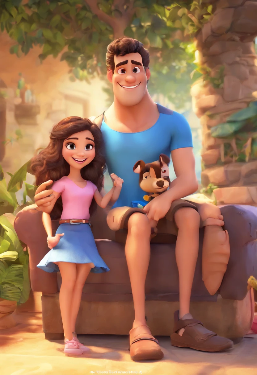 Desenho animado de uma familia, where there's the white-skinned girl named Laís, branca, de cabelos castanho escuro e cacheado comprido abaixo do ombro, having fun on vacation together with daddy Jaime, moreno, alto, olhos pretos, sorridente e de terno Cinza, e cabelos grisalhos, and his other daughter Lavinia, pequena, smaller than Laís, morena igual ao pai, shorter shoulder-length hair, cacheado e crespo, bem enrolado, sorridente e olhos com brilhos e covinhas na bochecha, and with us is his wife Daniela, com uns 15 centimentros menor que o pai Jaime de 1,86 cm, and Laís also in her mother Daniela's altuma, and Daniela has white skin like Laís, sorridente, um pouco corpuda, seios grandes, cabelo liso preto e ondulados, Right ahead of him was a boxer dog, marrom e branco, 3D Animation Movie Poster, Poster de filme animado, pixar 3 d animation style, pixar renderman rendering, maia 8 mil, animated film, Disney Pixar Estilo 3D, amigos felizes saem juntos, as 3 mulheres de vestidos rosa comprido e com cinto bem delicado na cintura, ao ar livre, vacation, Disney Pixar Animation Poster