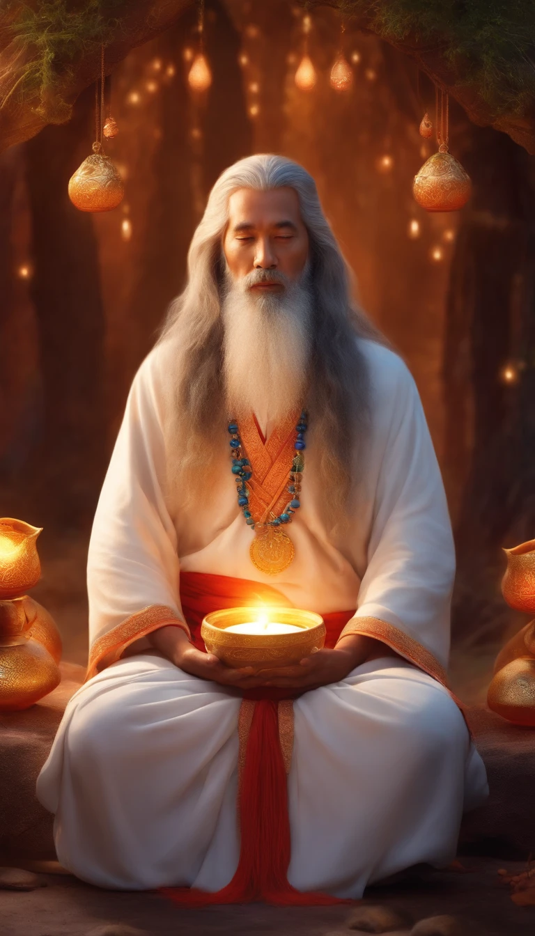 Close-up of a 3-year-old trail chief,long whitr hair,Dust in hand,Meditation cross-legged,magic aura,Taoist master,Taoist,Very bright colors, Light particles, with light glowing, Mshiv, wallpaper art, UHD wallpaper