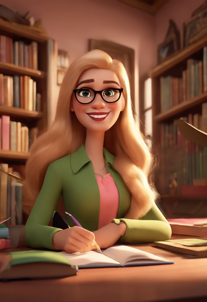 Create a 3D style pixar movie strong woman with very long blonde highlighted hair wide smile wearing gold square glasses loose hair psychologist white woman and pink blouse pink lipstick black eyes in a room with books and colored pencils with a table on the table a brown teddy bear with a green blouse very black eyes