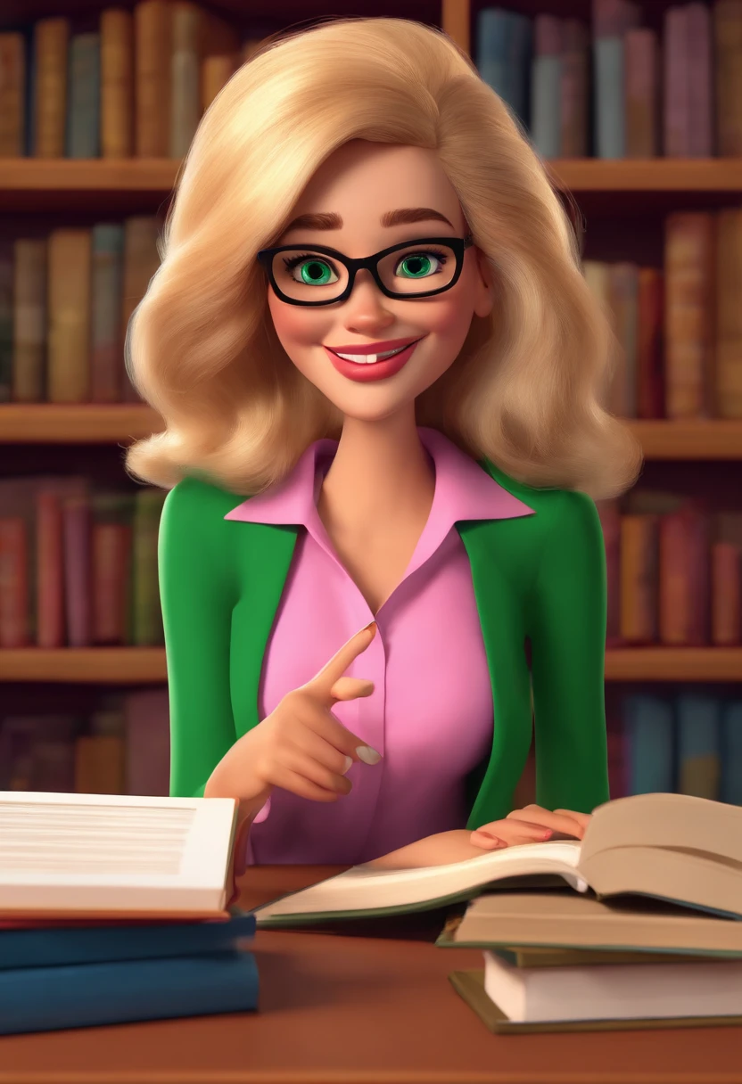 Create a 3D style pixar movie strong woman with very long blonde highlighted hair wide smile wearing gold square glasses loose hair psychologist white woman and pink blouse pink lipstick black eyes in a room with books and colored pencils with a table on the table a brown teddy bear with a green blouse very black eyes