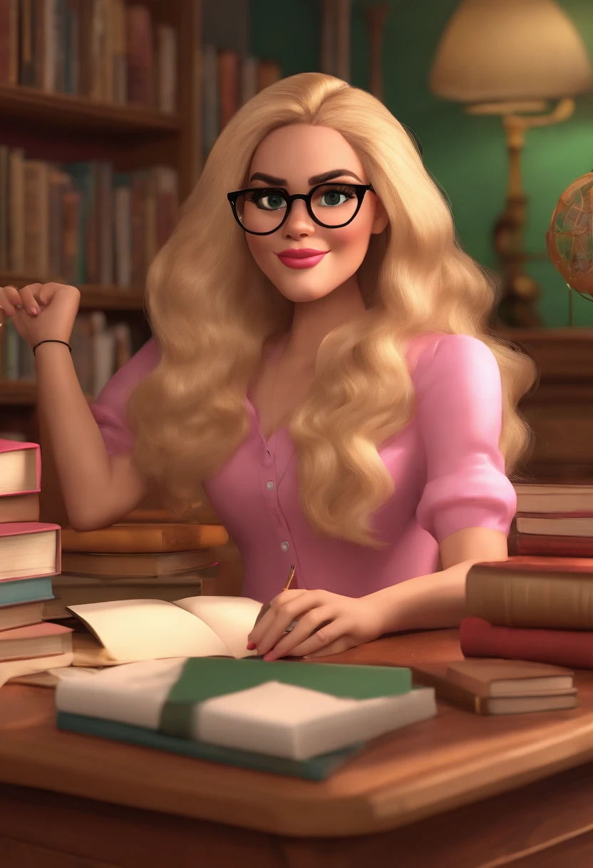 Create a 3D style pixar movie strong woman with very long blonde highlighted hair wide smile wearing gold square glasses loose hair psychologist white woman and pink blouse pink lipstick black eyes in a room with books and colored pencils with a table on the table a brown teddy bear with a green blouse very black eyes