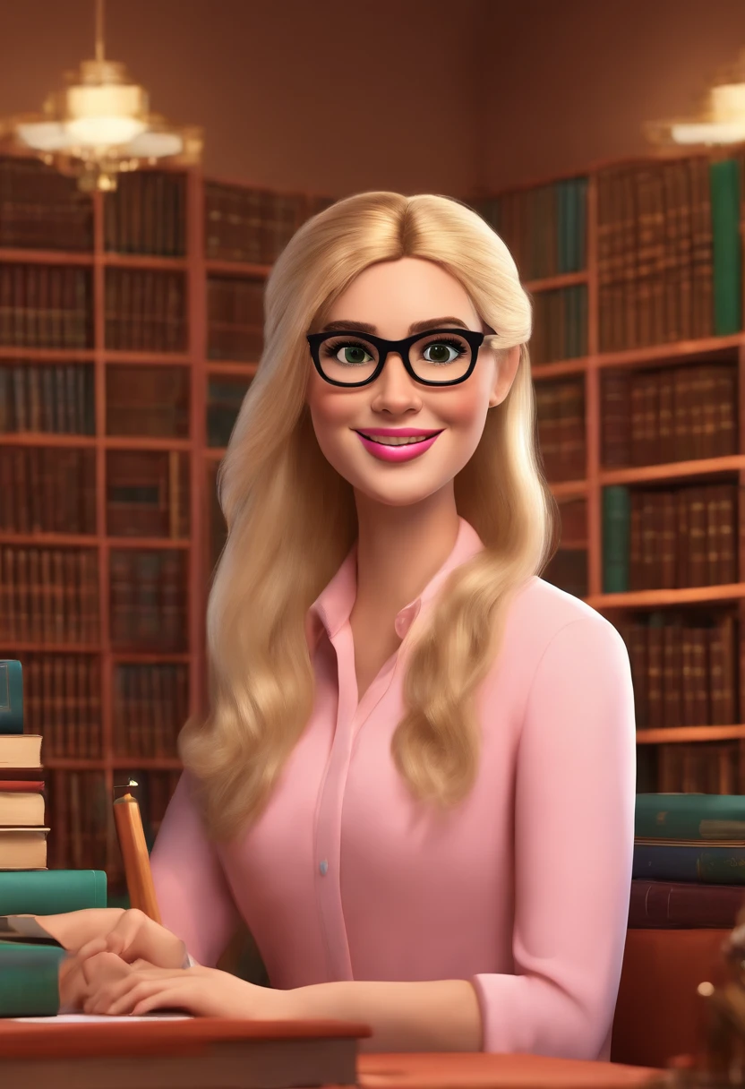 Create a 3D style pixar movie strong woman with very long blonde highlighted hair wide smile wearing gold square glasses loose hair psychologist white woman and pink blouse pink lipstick black eyes in a room with books and colored pencils with a table on the table a brown teddy bear with a green blouse very black eyes