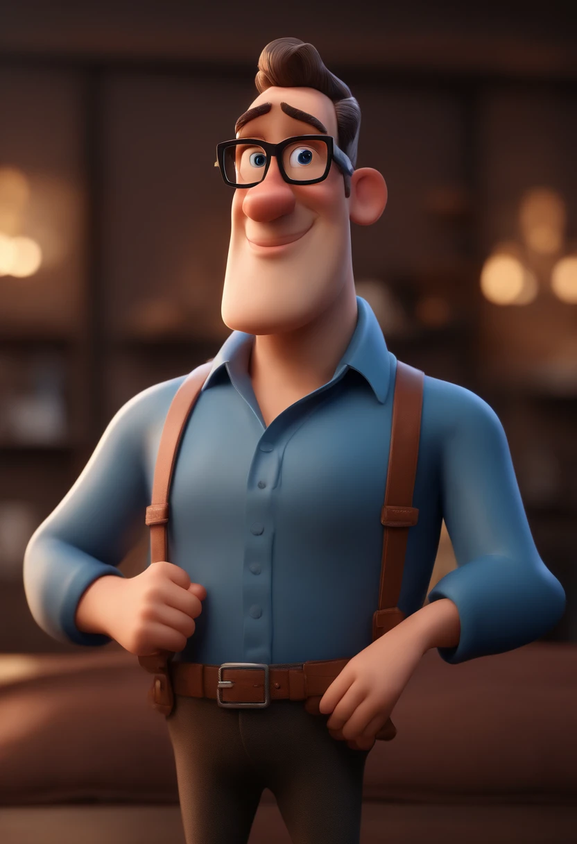 Cartoon character of a man with black glasses and a blue shirt, animation character, Caractere estilizado, animation style rendering, 3D estilizado, Arnold Maya render, 3 d render stylized, toon render keyshot, Personagem 3D, Personagem 3D, 3d rendering stylized, 3 d character render, personagem de desenho animado, Personagem de close up, Pose de personagem,  (Estilo Pixar) (master part:1.2) (Bokeh) (best quality) (pele detalhada) (textura detalhada) (8k) (argila) (Cinematic lighting) (foco nítido