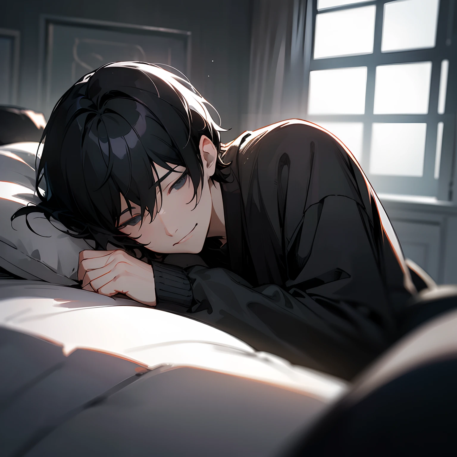 (masterpiece、top-quality)、Hair with a short neckline、1 man with black hair、Warm lighting、Black cardigan、 Smirk、grey eyes、Sleep in the room, Blurred foreground、deep in the night、High contrast、Night、Doya face、