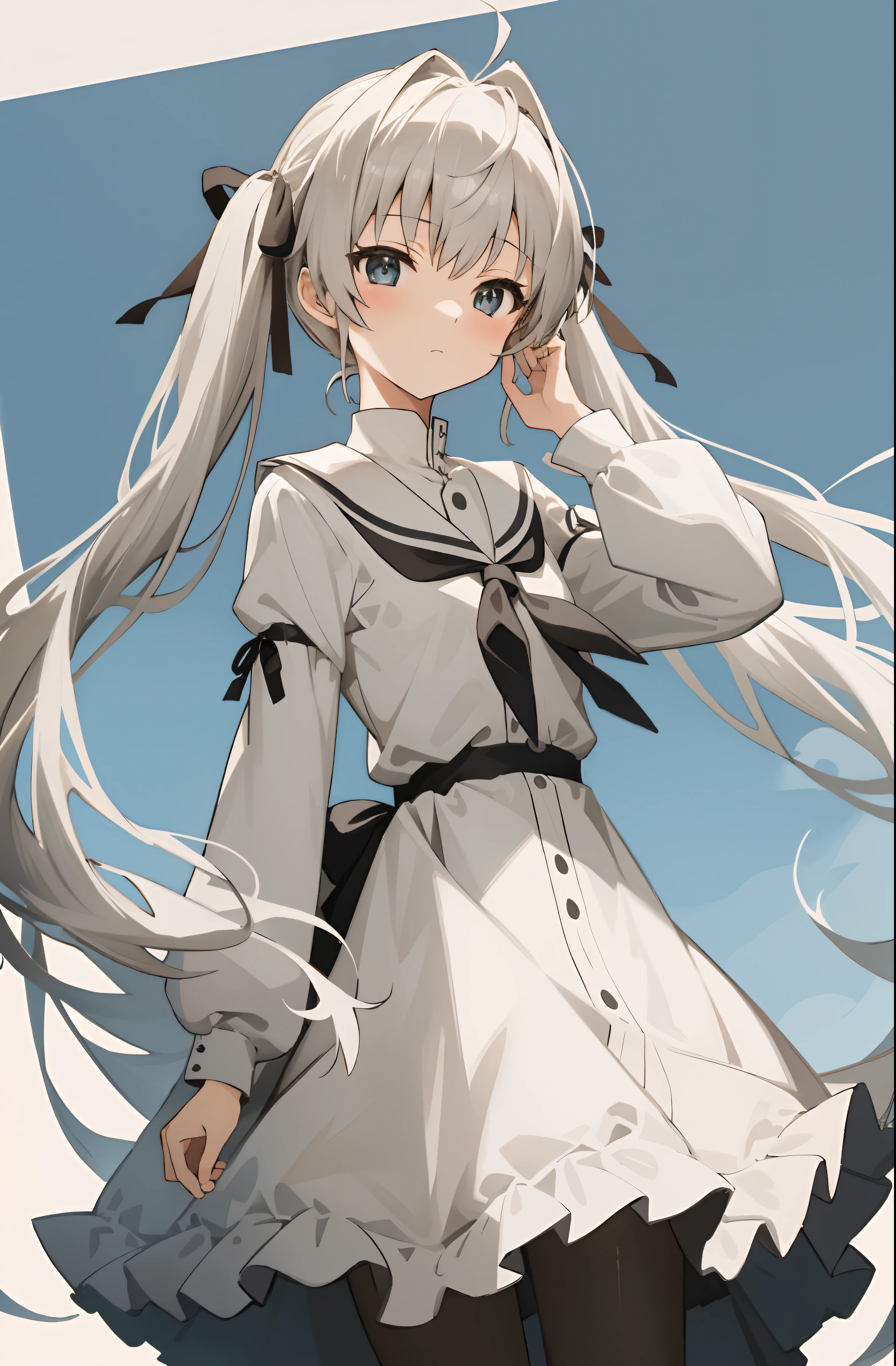 （Masterpiece，best qualtiy，A high resolution：1.5），1girl，high school senior，white skinned，Gray-black pupils，twintails，lacepantyhose，shift dresses，Delicate face，School Background，The light is bright，Sora Kasugano，Animated illustration style，pixiv popular