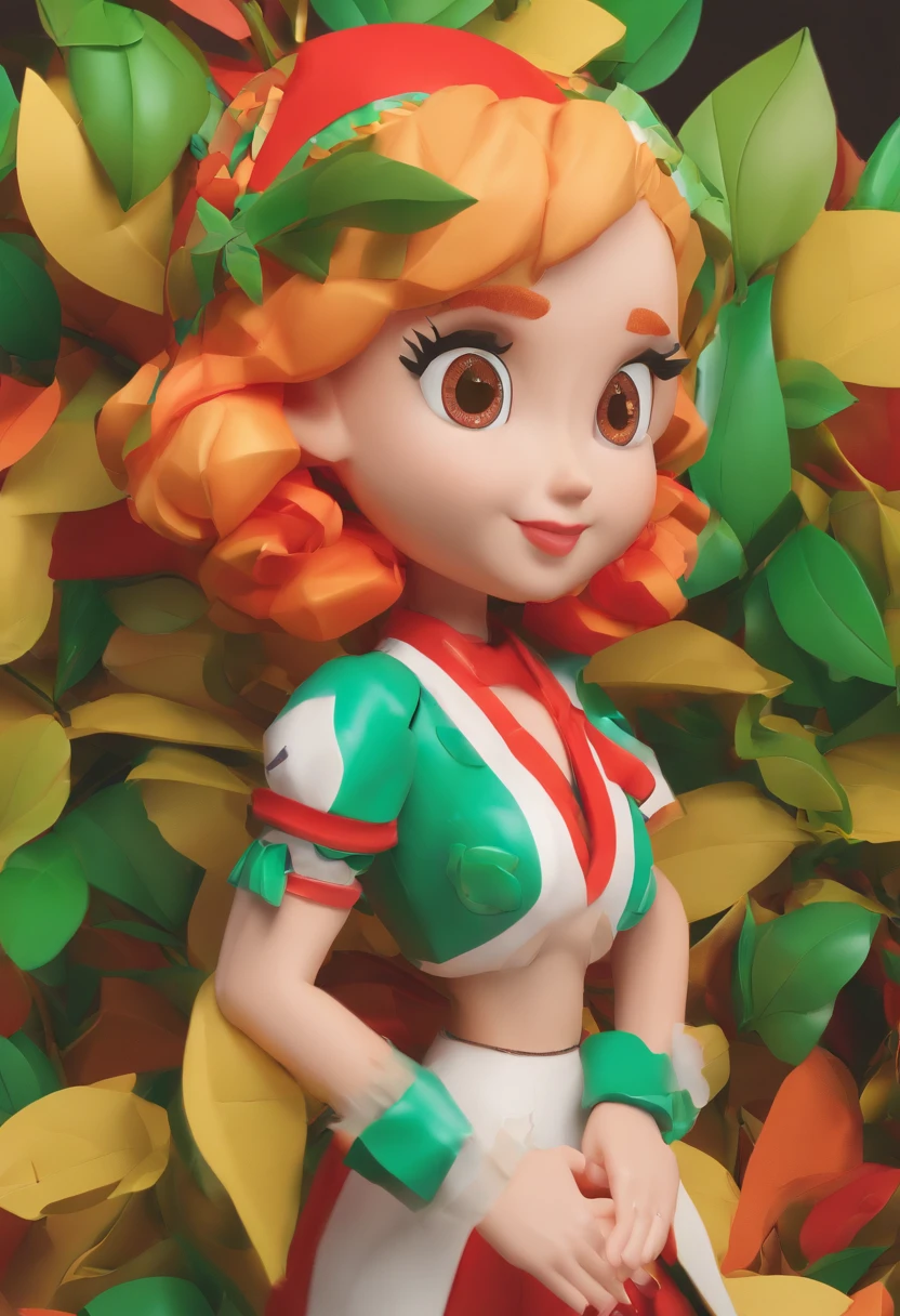 uma garotinha，With a leaf in one hand and two eyes in the other，Carrancudo，Looking at you with a smile，Derramando com raiva，com vestido verde comanda vermelha，Menina gorda bonito，a ball head