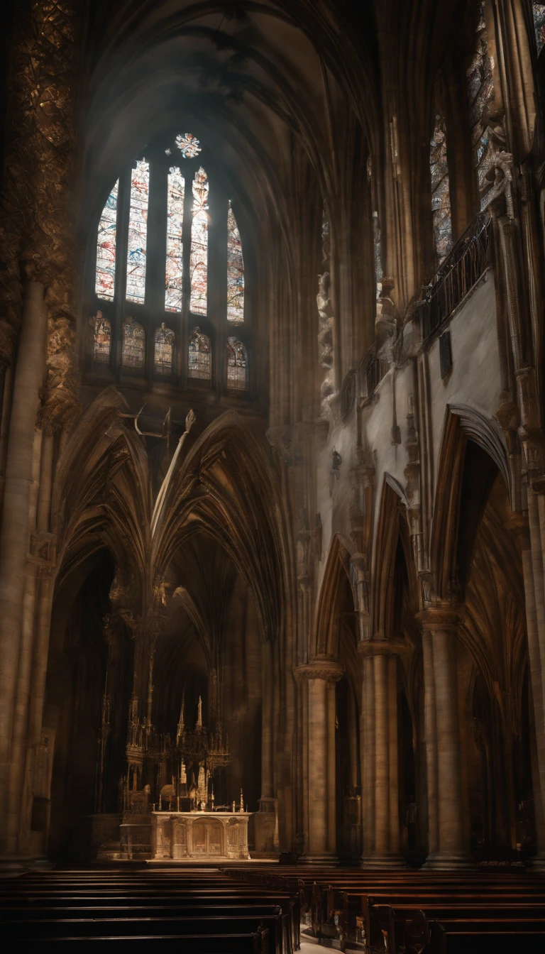 Highly Detailed Landscape Photography of An unidentified human barely noticeable, having heart to heart conversation toward his/her Lord, expecting redemption, spiritual vibe, Raw, Realistic, Motion Picture, Cinematic, HDR,  (realistic:1.3), finely detailed, quality, (masterpiece:1.2), (photorealistic:1.2), (best quality), (detailed skin:1.3), (intricate details), dramatic, ray tracing, photograph, Liquid [Notre Dame Cathedral: confession room ] from inside of a Cologne Cathedral, Bathed in shadows, marble floor, stoned artifacts Masterpiece, Depressing surrounding, Metalcore, film grain, Sony A7, 35mm, ((photorealistic):1.1), (raw, 8k:1.2), dark, muted colors, slate atmosphere, RAW candid cinema, 16mm, 33mm, color graded portra 400 film, remarkable color, ultra-realistic, textured skin, extraordinary detailed pupils, realistic dull skin noise, visible skin detail, skin fuzz, dry skin, shot with the cinematic camera, detailed skin texture, (blush:0.5), subsurface scattering, RAW, Top best quality, masterpiece, 128 fps, realistic depth, extreme detailing, ARRI ALEXA 35 Production Set (15mm Studio), 128-bit color depth, film arain. Fujifilm XT3, 80mm, 60 fps, candid shot, Hasselblad X1D, dutch angle shot,