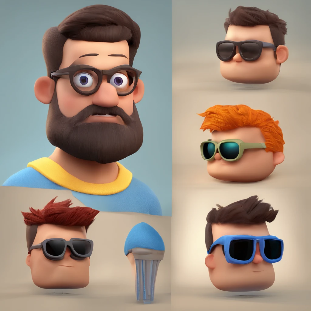 Criar um personagem no estilo Pixar. Trata-se de um homem de 25 anos, com barba, oculos quadrados, com cabelos pretos curtos bone e olhos castanhos. Aficcionado por carros