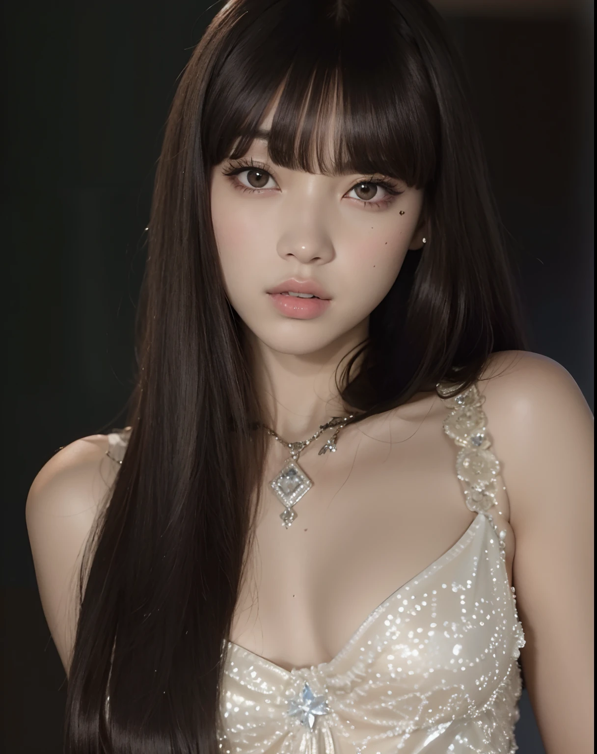 Un primer plano de una mujer con cabello largo con un vestido, Lalisa Manobal, Lalisa Manoban de Blackpink, Cabello largo con flequillo completo, con flequillo completo, con flequillo, Pelo largo con flequillo, Ella tiene el pelo negro con flequillo, flequillo largo y recto, Retrato de Jossi de Blackpink, Jossi de Blackpink, Xision Wu