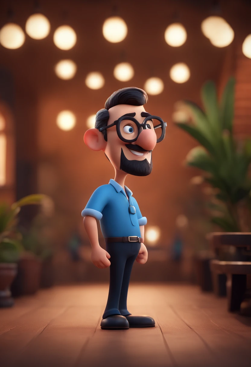 Cartoon character of a man with a low beard with black glasses and a blue shirt, animation character, Caractere estilizado, animation style rendering, 3D estilizado, Arnold Maya render, 3 d render stylized, toon render keyshot, Personagem 3D, Personagem 3D, 3d rendering stylized, 3 d character render, personagem de desenho animado, Personagem de close up, Pose de personagem,  (Estilo Pixar) (master part:1.2) (Bokeh) (best quality) (pele detalhada) (textura detalhada) (8k) (argila) (Cinematic lighting) (foco nítido